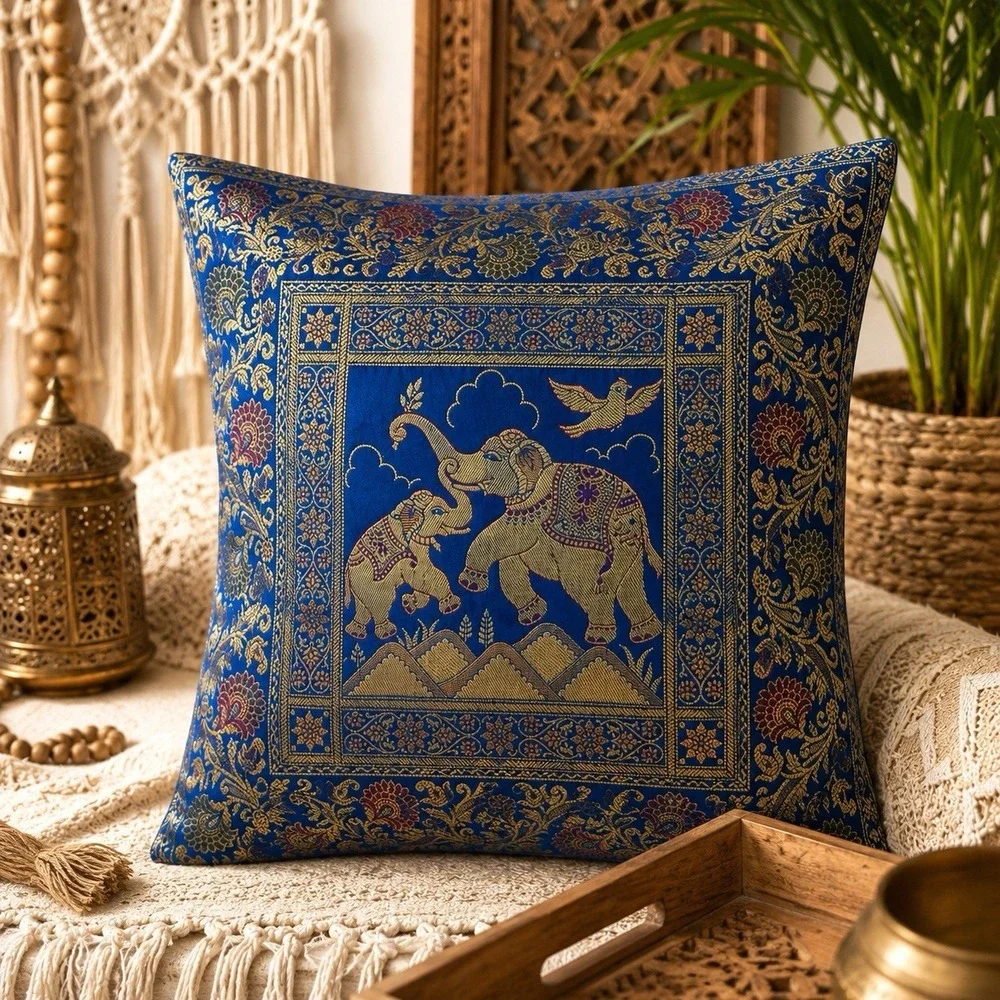 Blue Elephant Brocade Jacquard Pillow Covers 16x16 Boho Indian Decor